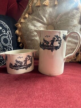Rare Antique Wedgewood Personages Black Transferware China Pitcher & Sugar Bowl